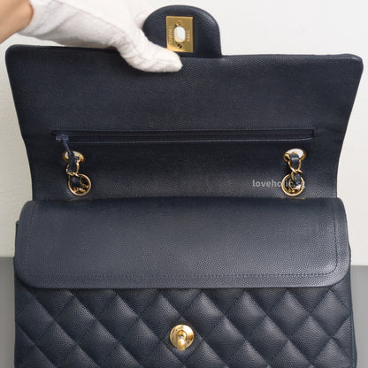 Chanel Classic Flap Medium | Midnight Blue Caviar Light Gold Hardware-details