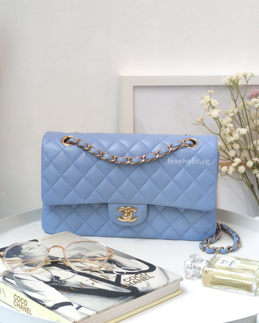 Chanel Classic Flap Medium | 21C Sky Blue Lambskin Light Gold Hardware-front