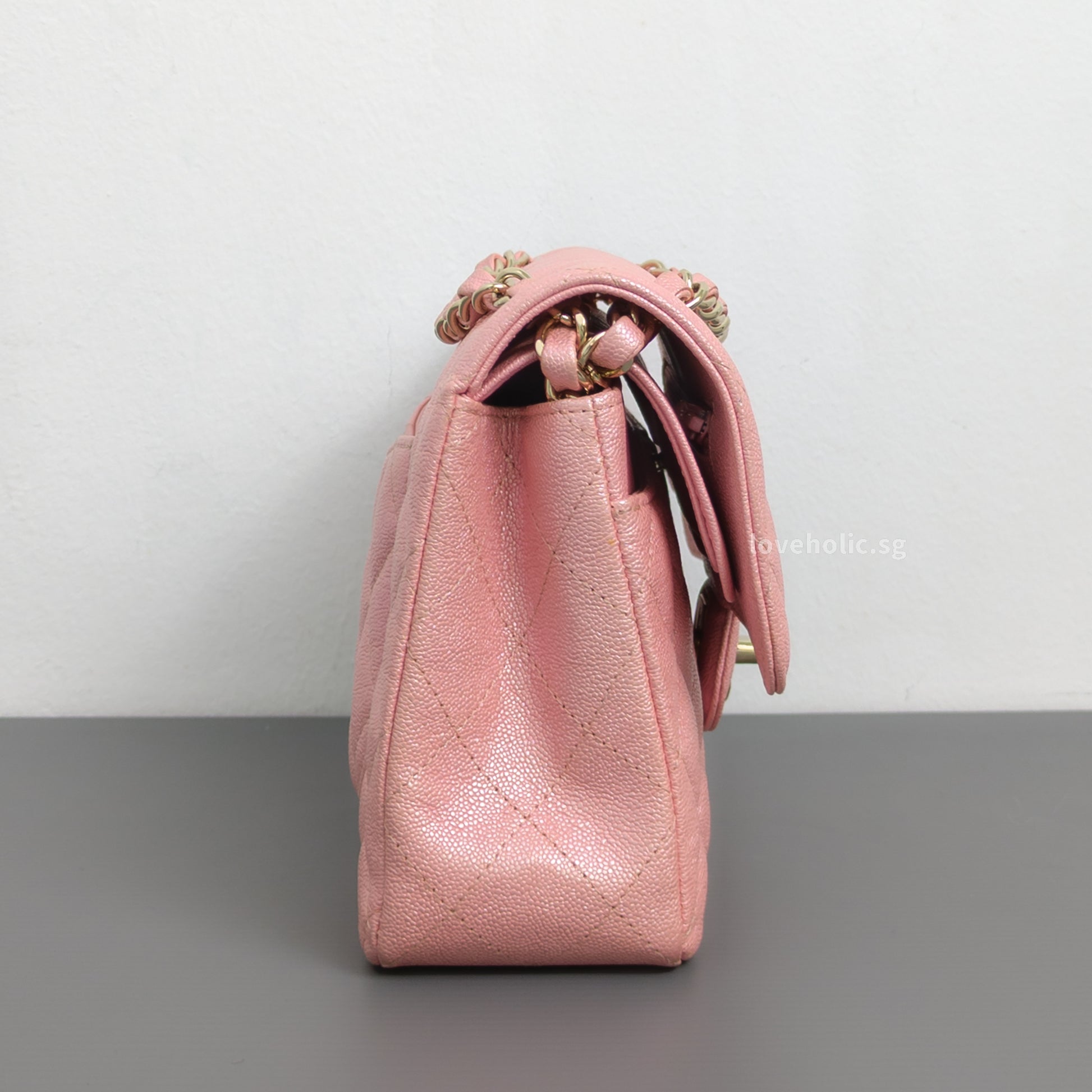 Chanel Classic Flap Small | 19S Iridescent Sakura Pink Caviar Light Gold Hardware-side