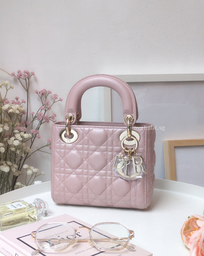 Dior Lady Dior Mini | Pearlescent Lotus Pink Lambskin Light Gold Hardware-front