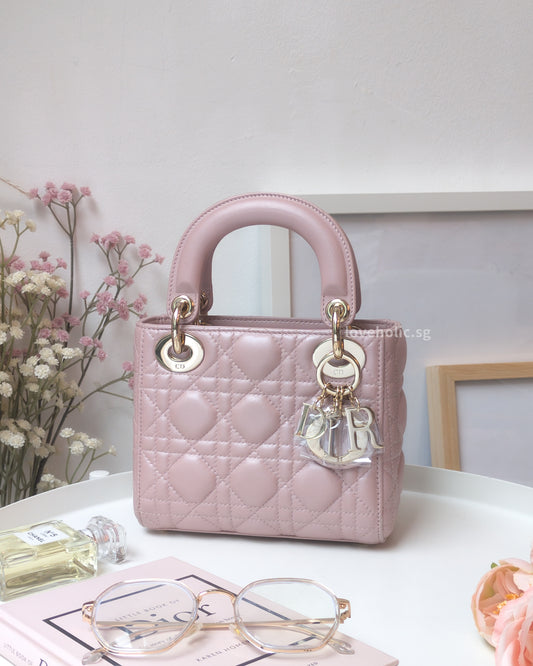 Dior Lady Dior Mini | Pearlescent Lotus Pink Lambskin Light Gold Hardware-front