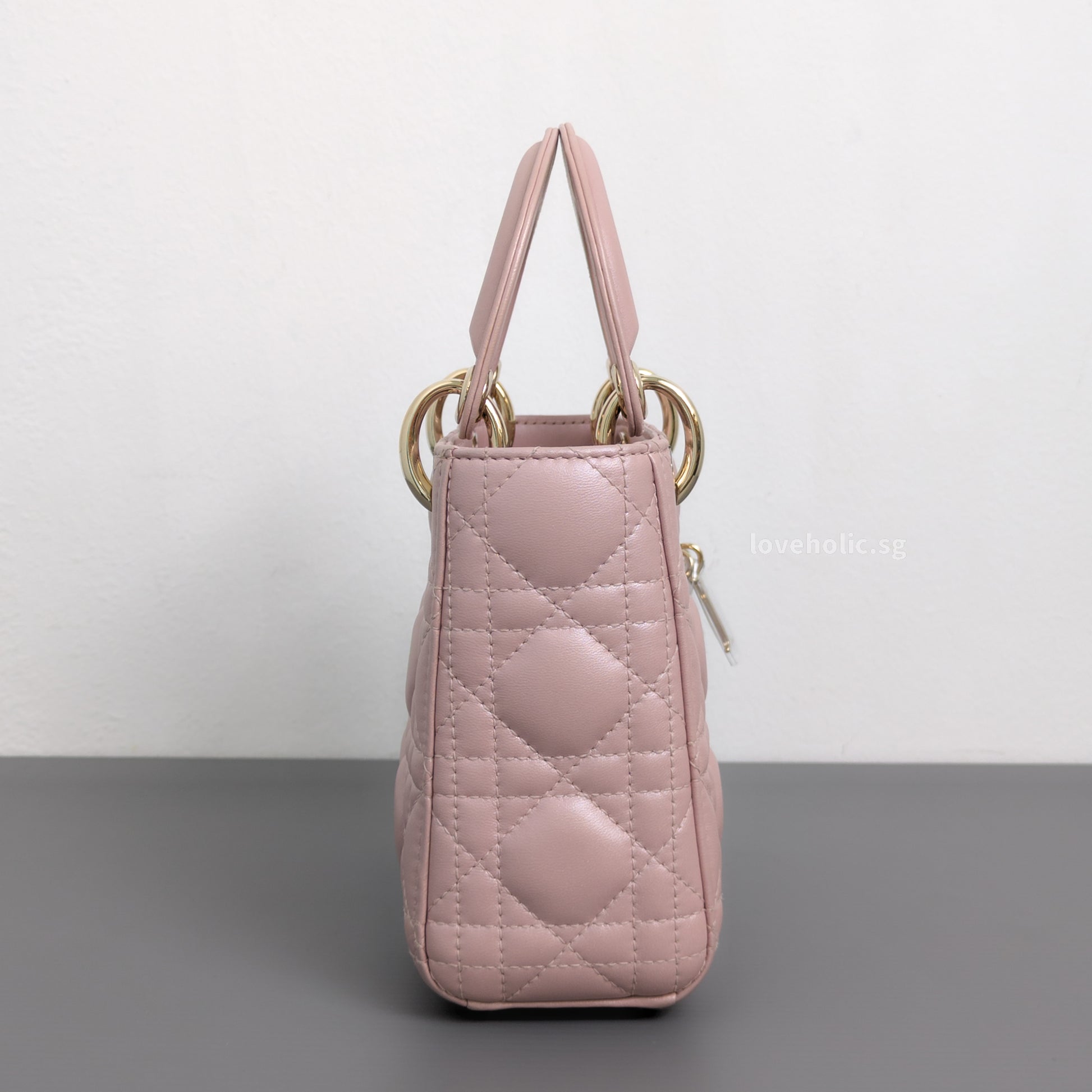 Dior Lady Dior Mini | Pearlescent Lotus Pink Lambskin Light Gold Hardware-side