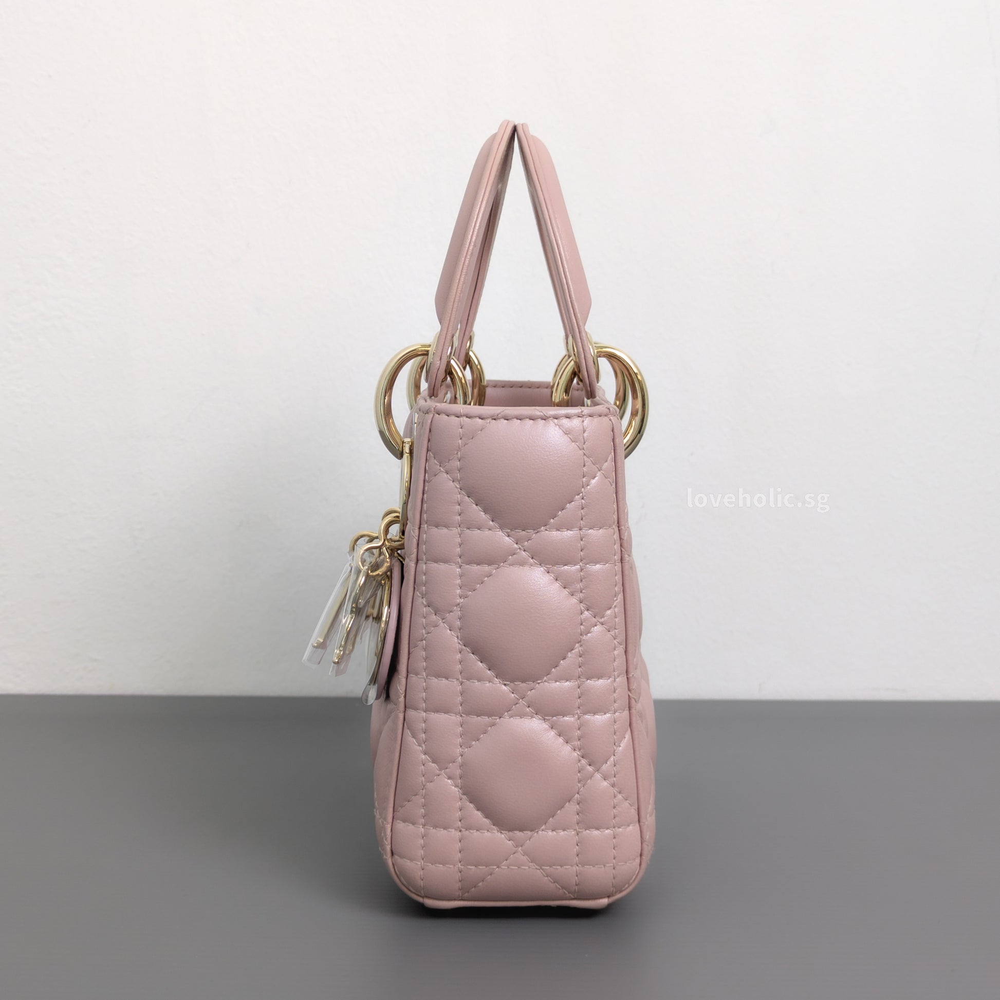 Dior Lady Dior Mini | Pearlescent Lotus Pink Lambskin Light Gold Hardware-details