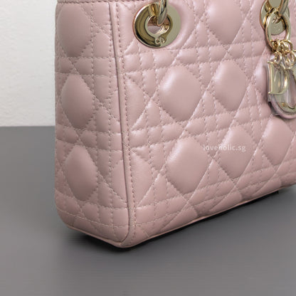 Dior Lady Dior Mini | Pearlescent Lotus Pink Lambskin Light Gold Hardware-details