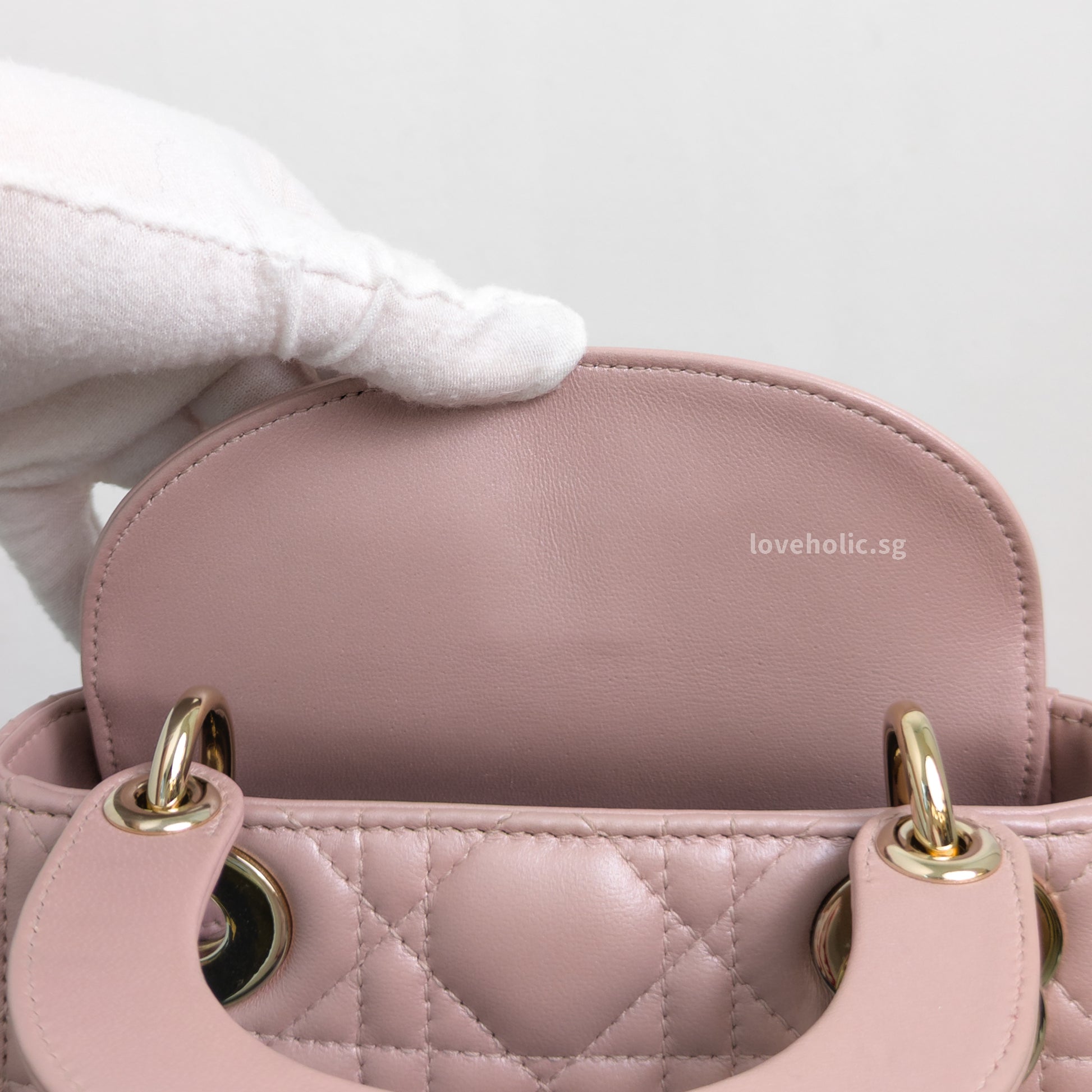 Dior Lady Dior Mini | Pearlescent Lotus Pink Lambskin Light Gold Hardware-details
