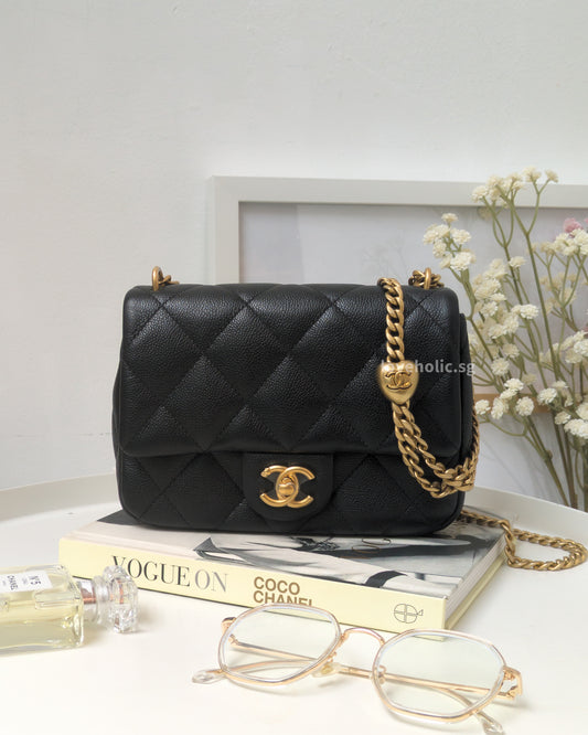 Chanel Flap Bag 23P Mini Heart Crush | Black Caviar Brushed Gold Hardware-front