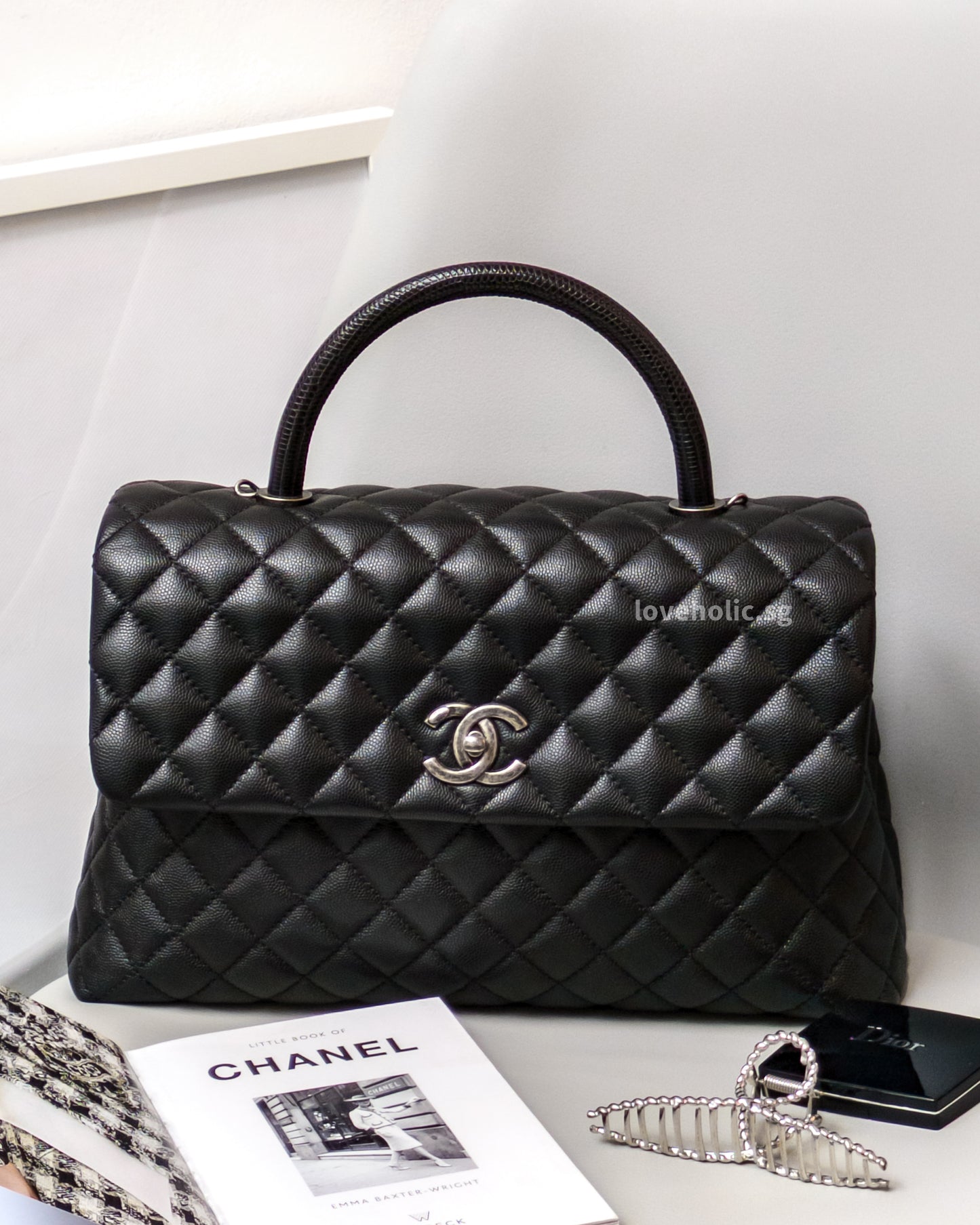 Chanel Coco Handle Large with Lizard Handle | Black Caviar Ruthenium Hardware-front