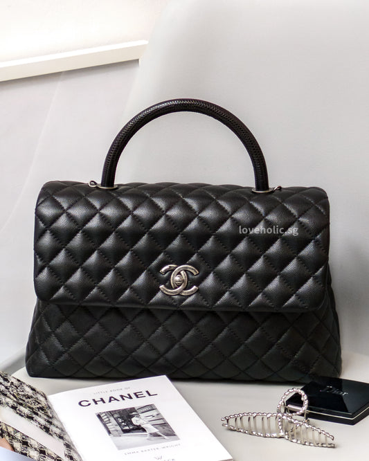Chanel Coco Handle Large with Lizard Handle | Black Caviar Ruthenium Hardware-front