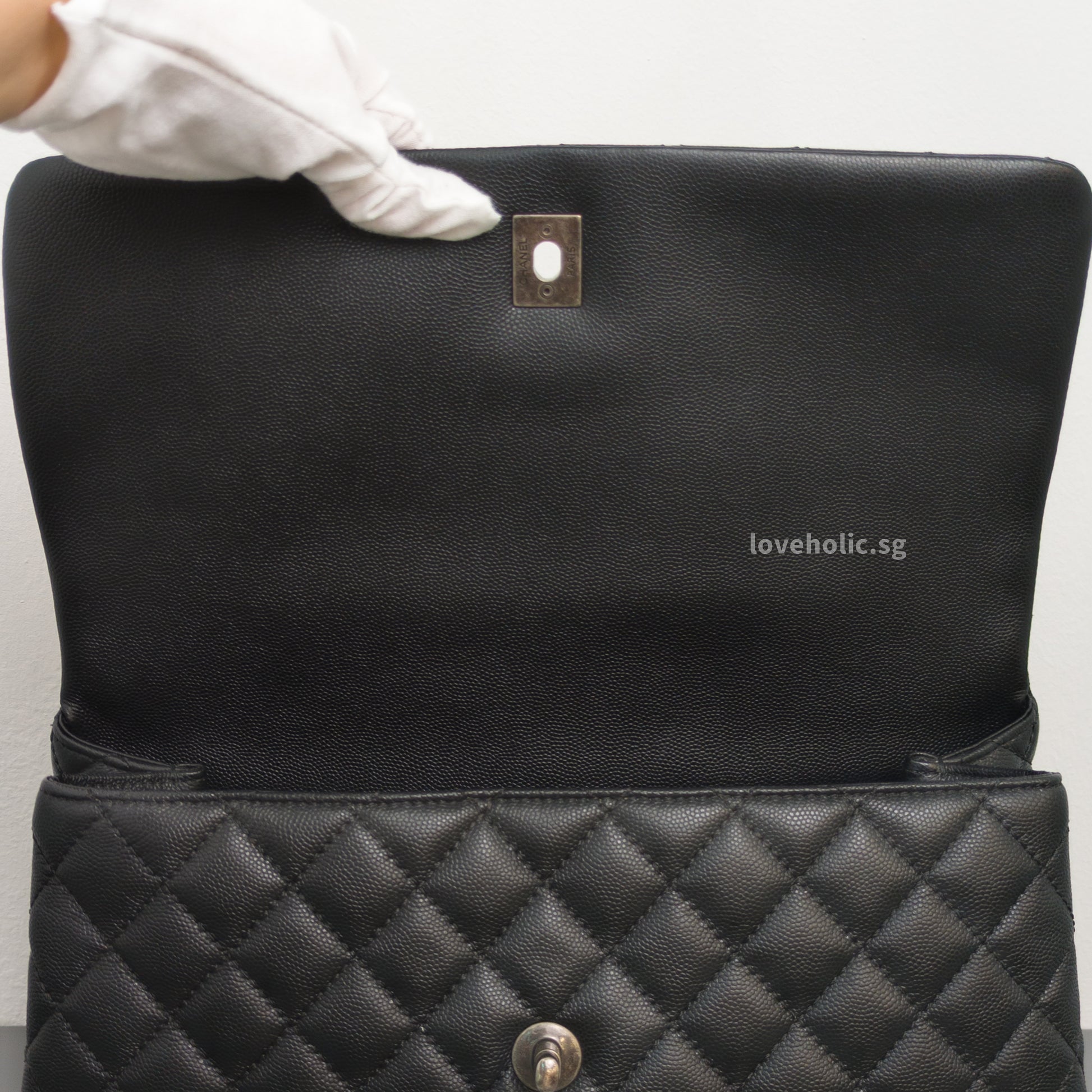 Chanel Coco Handle Large with Lizard Handle | Black Caviar Ruthenium Hardware-details