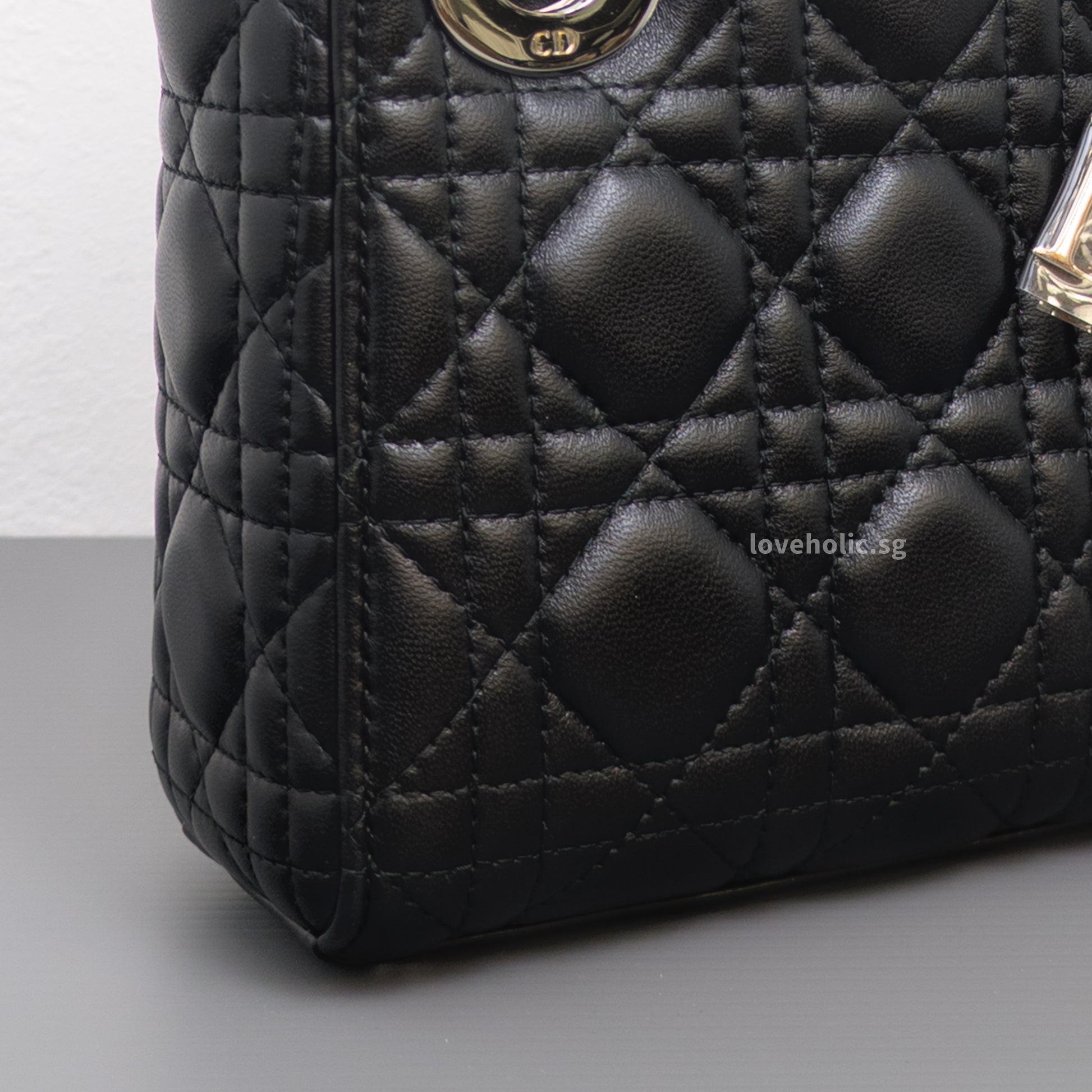 Dior Lady Dior Mini | Black Lambskin Silver Hardware-details