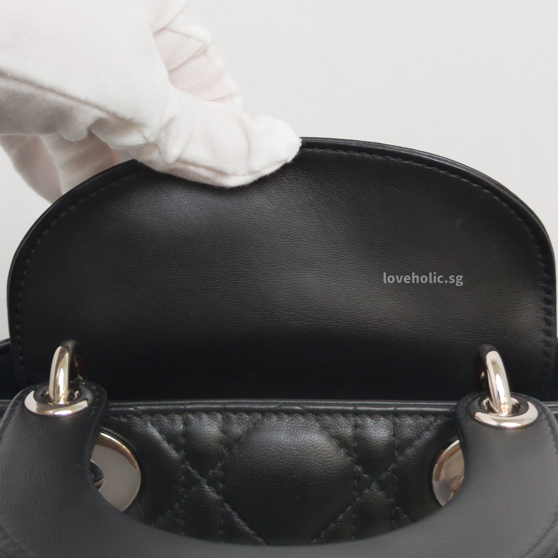 Dior Lady Dior Mini | Black Lambskin Silver Hardware-details