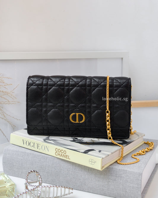 Dior Caro Pouch with Chain | Black Cannage Calfskin Gold Hardware-front