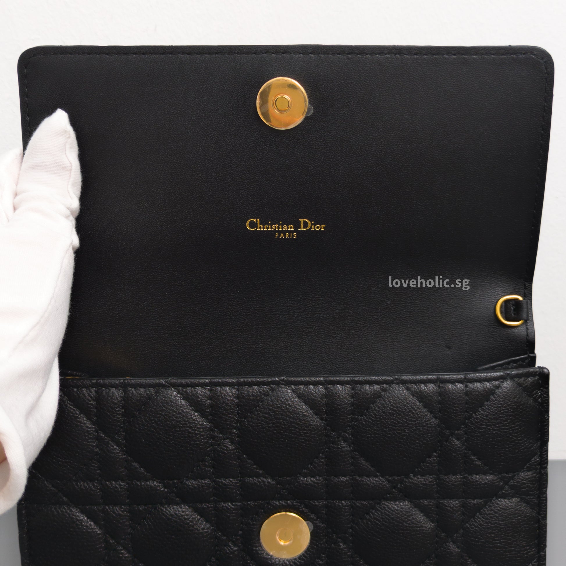 Dior Caro Pouch with Chain | Black Cannage Calfskin Gold Hardware-details