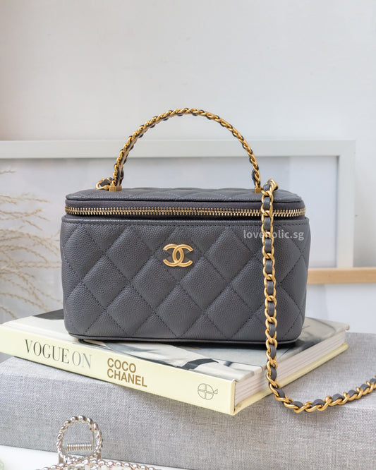 Chanel Top Handle Vanity On Chain 24A Grey Caviar Brushed Gold Hardware-front