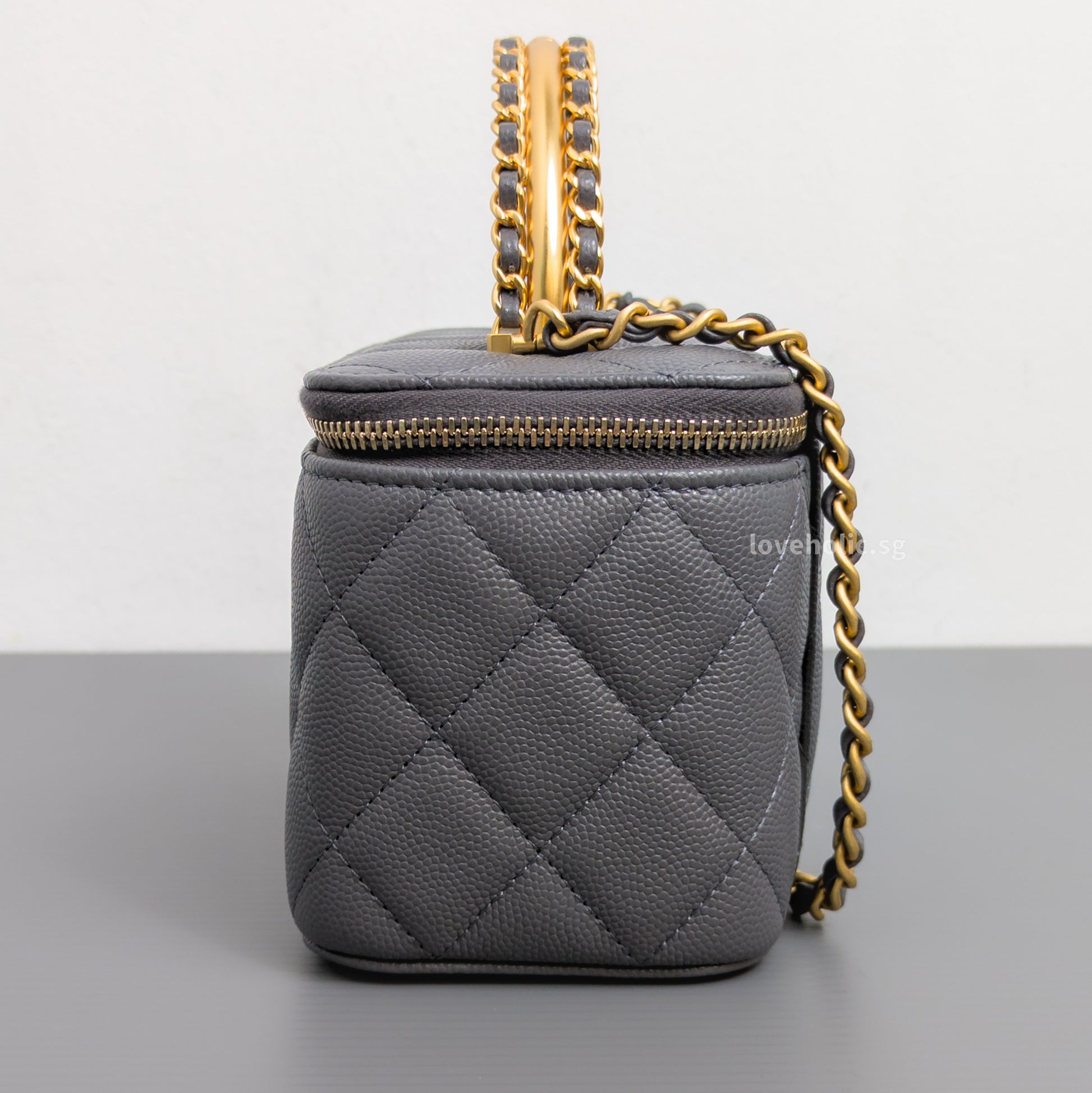 Chanel Top Handle Vanity On Chain 24A Grey Caviar Brushed Gold Hardware-details