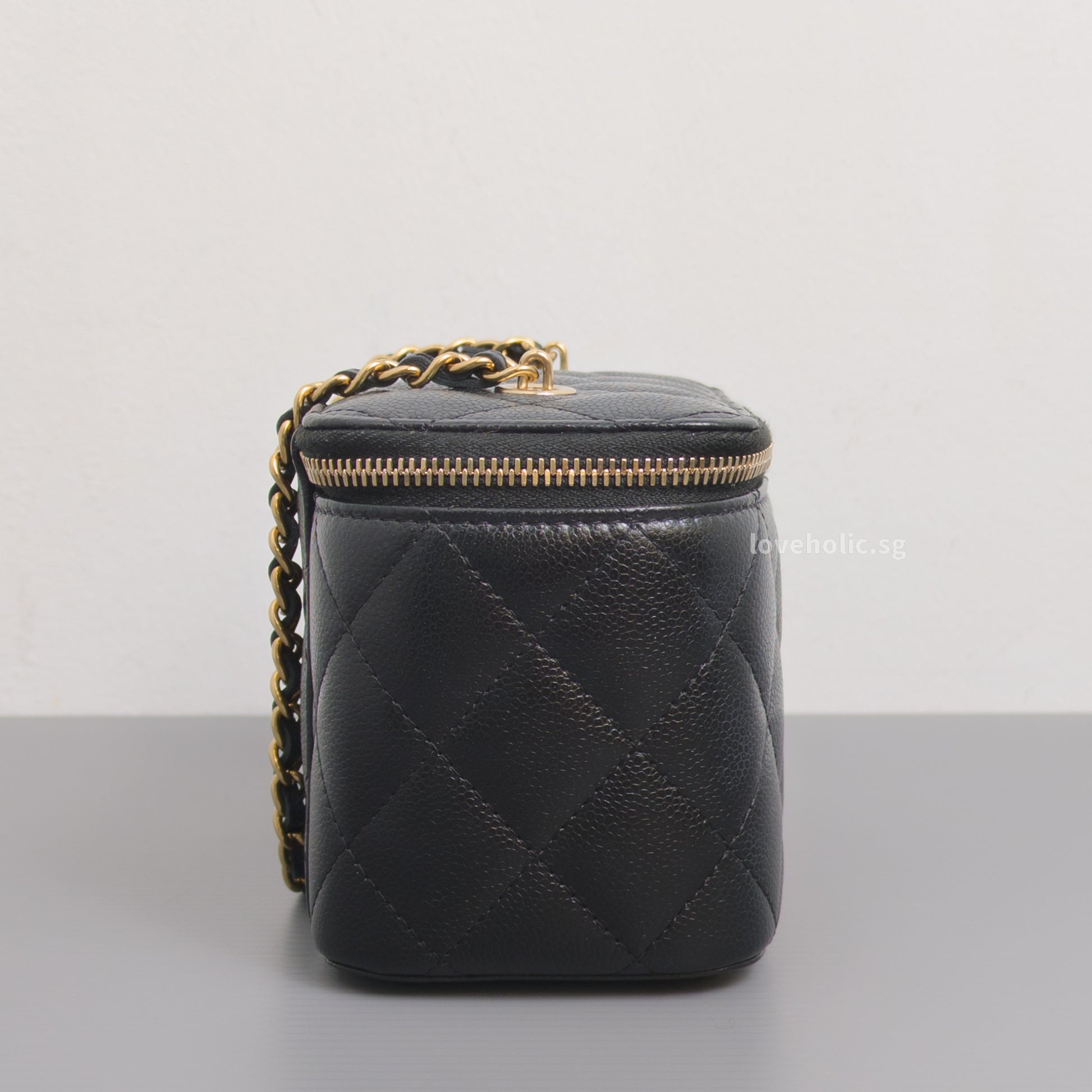 Chanel Vanity Bag with Chain Black Caviar Light Gold Hardware-side