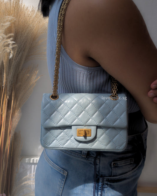 Chanel Reissue 2.55 Mini | Light Blue Calfskin Brushed Gold Hardware-model