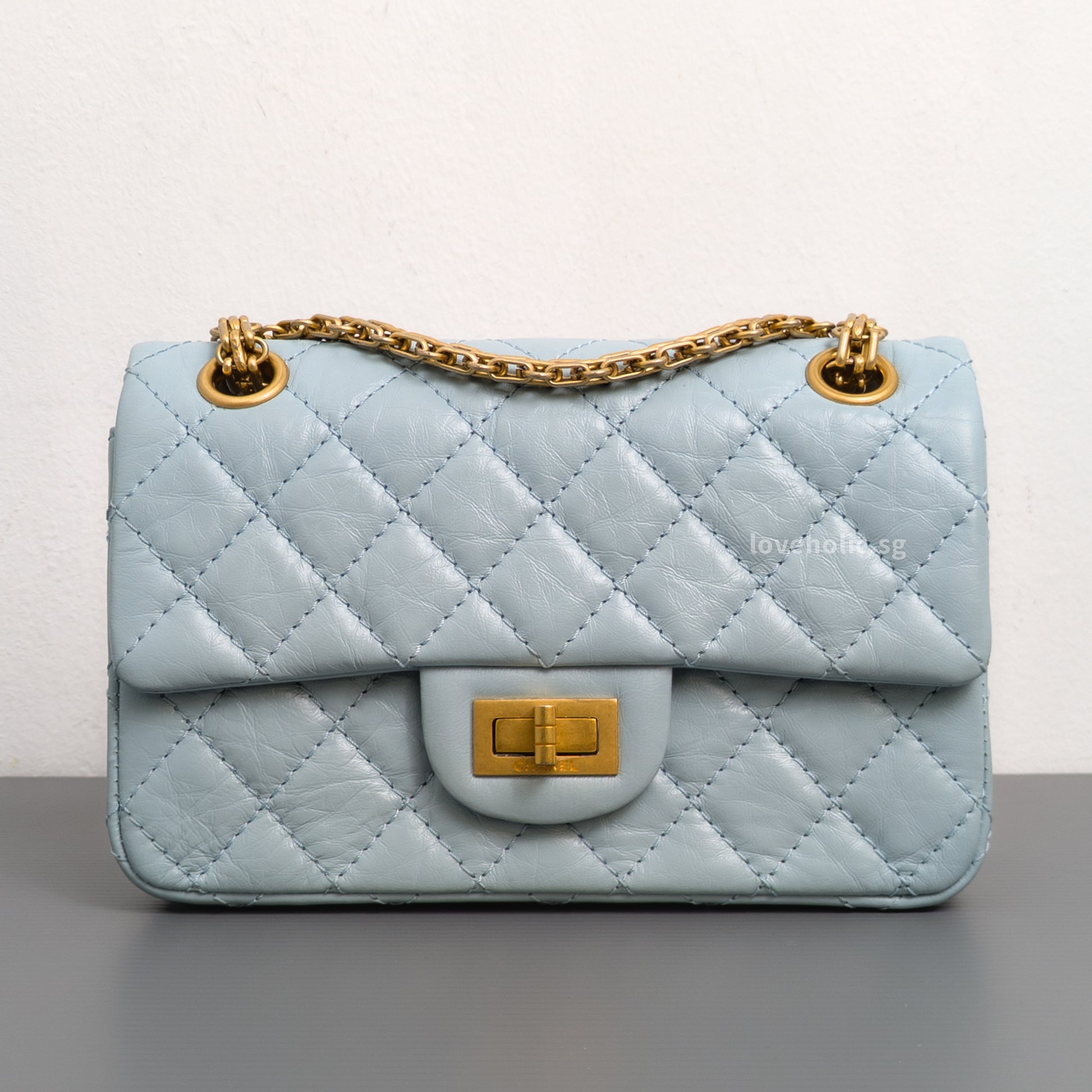 Chanel Reissue 2.55 Mini | Light Blue Calfskin Brushed Gold Hardware-front1