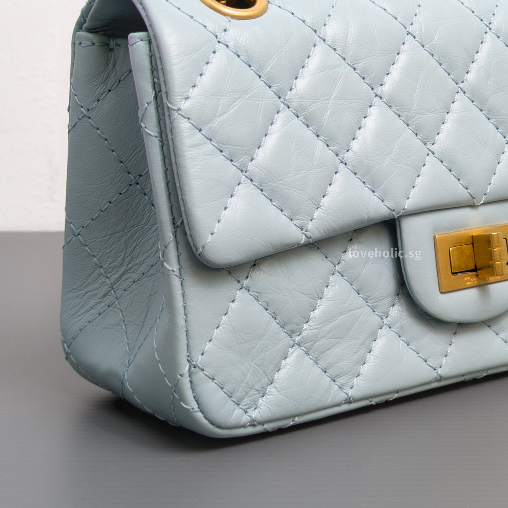 Chanel Reissue 2.55 Mini | Light Blue Calfskin Brushed Gold Hardware-details