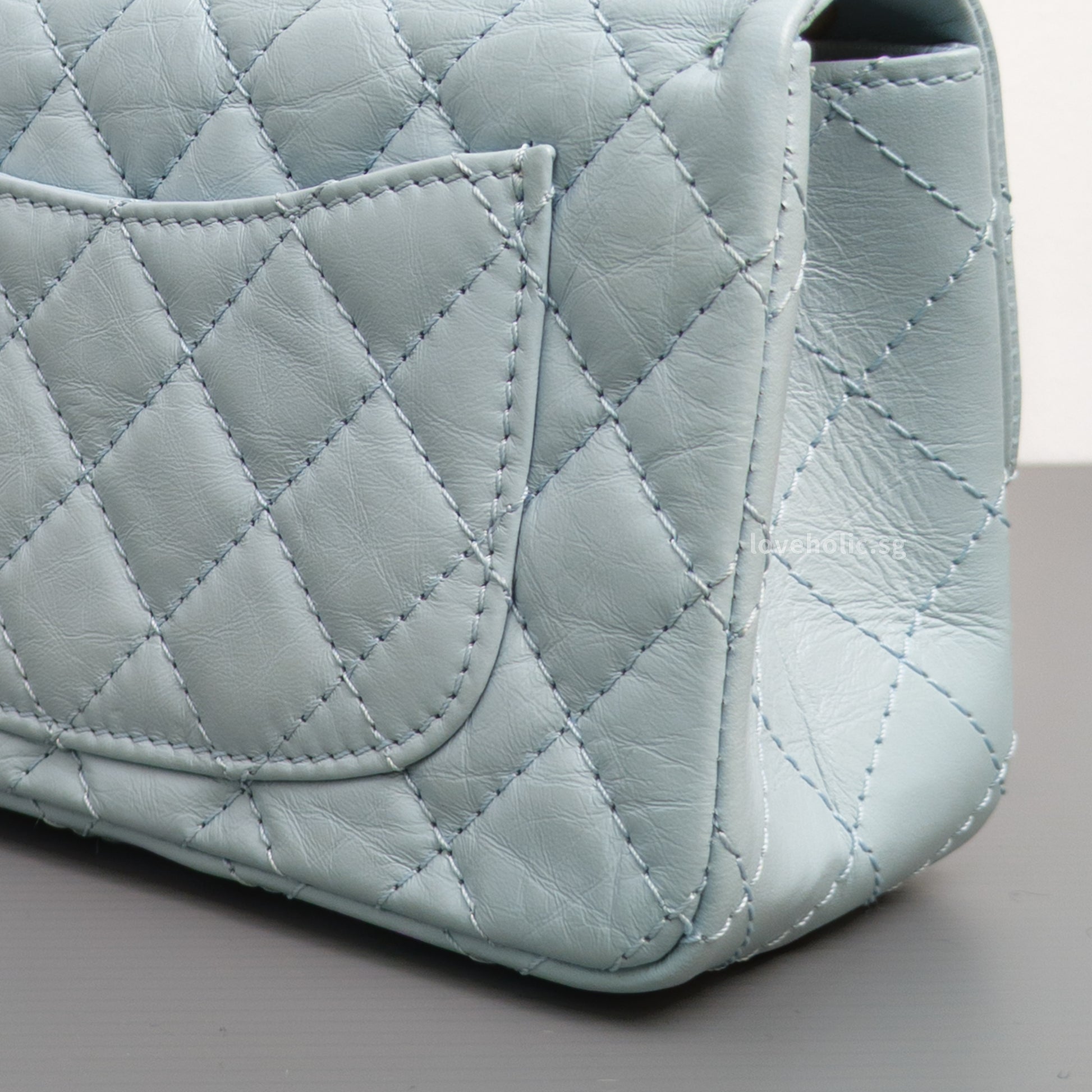 Chanel Reissue 2.55 Mini | Light Blue Calfskin Brushed Gold Hardware-details
