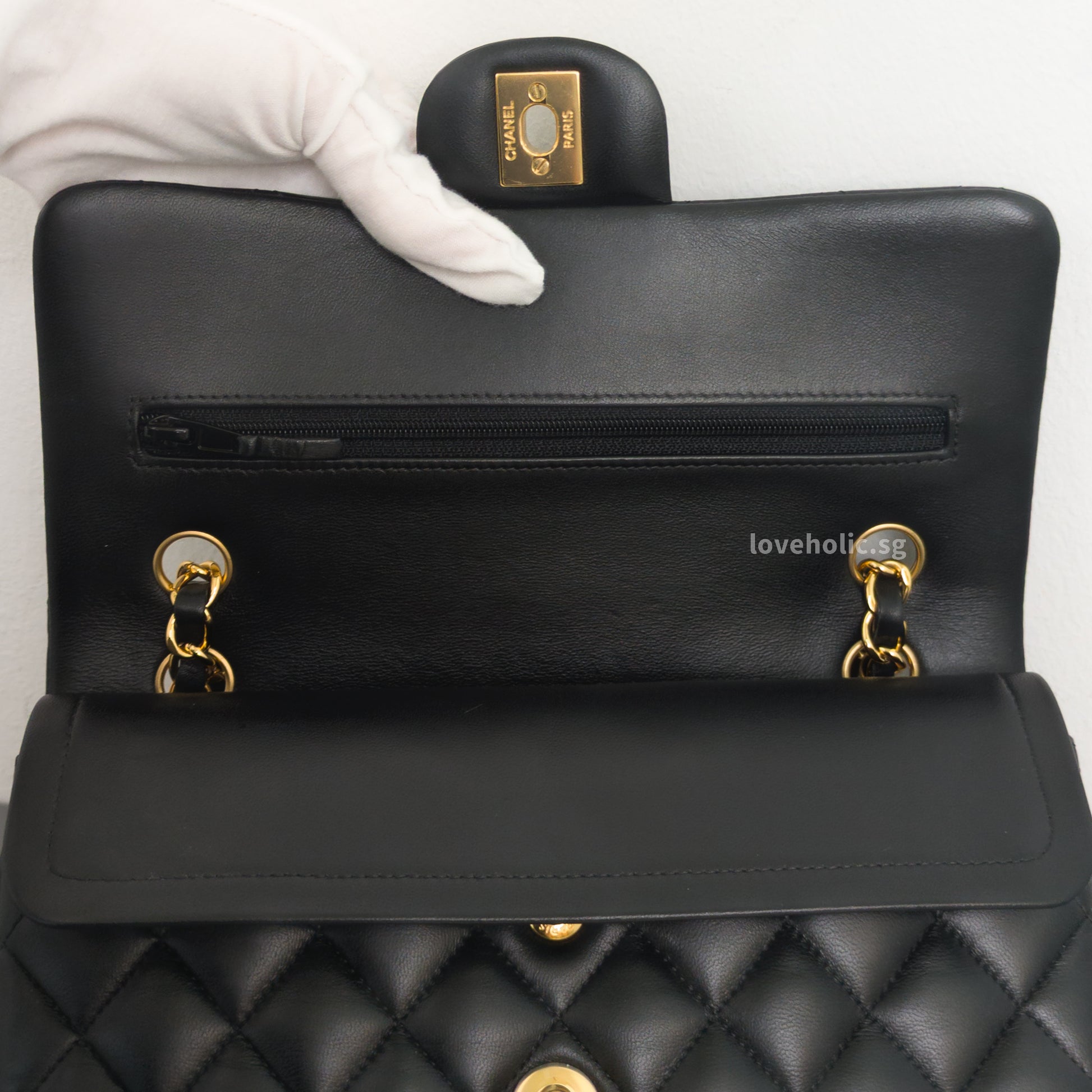 Chanel Classic Flap Small | Black Lambskin Gold Hardware-details