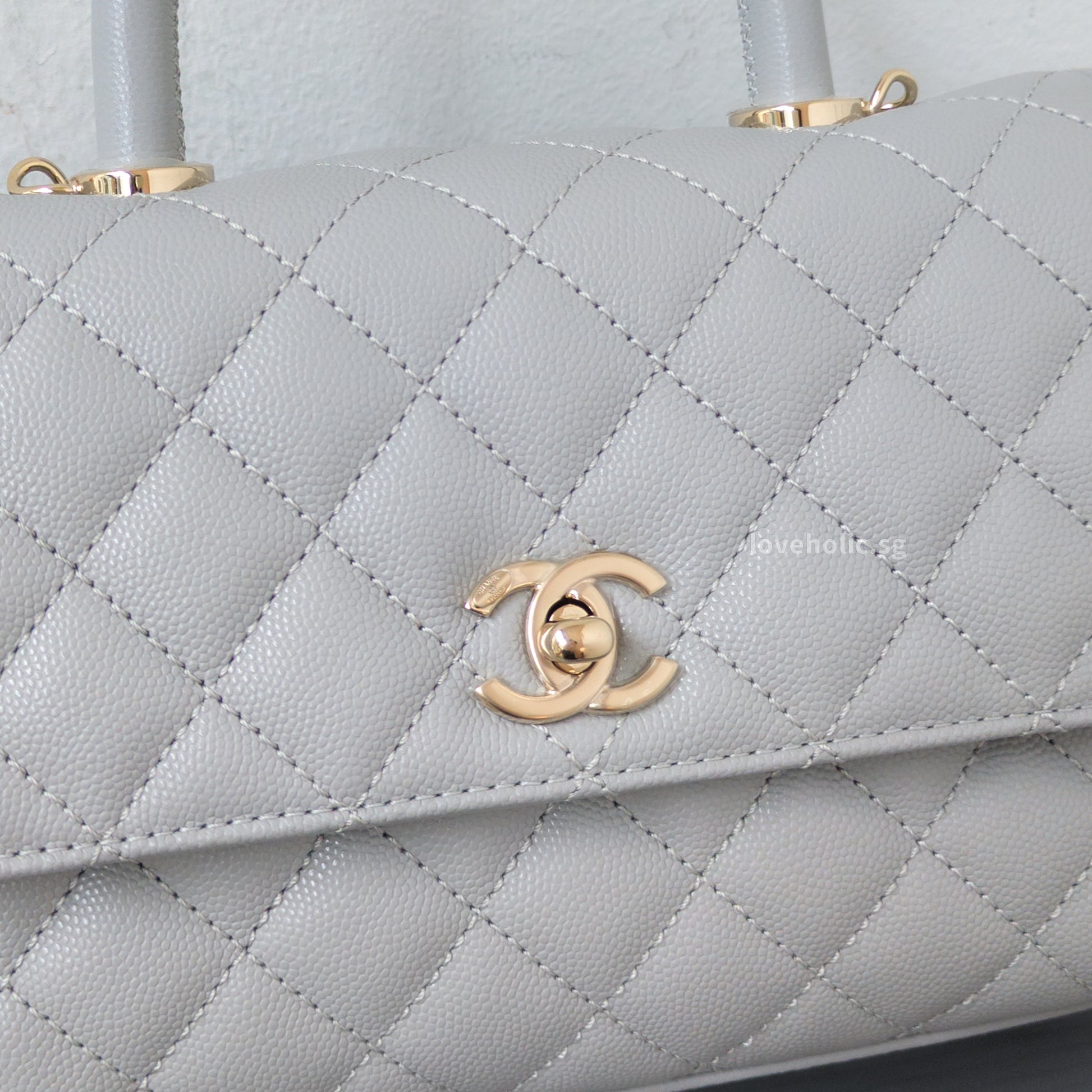 Chanel Coco Handle Small | 24K Grey Caviar Light Gold Hardware-details