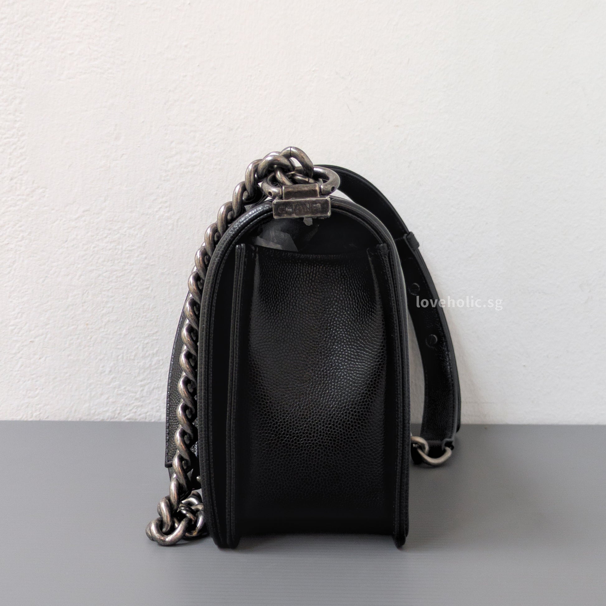 Chanel Boy Medium | Black Caviar Ruthenium Hardware-side