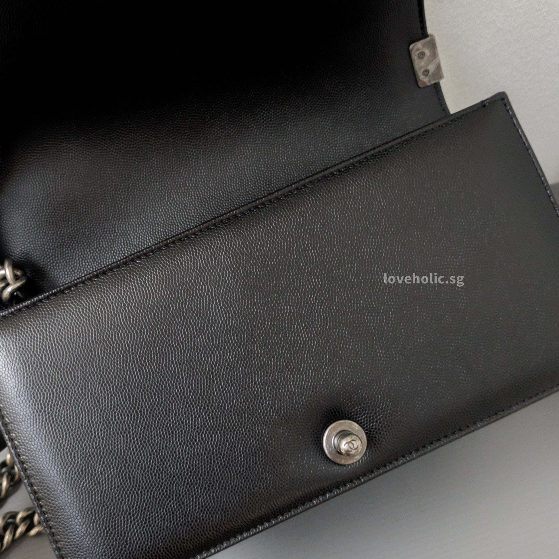 Chanel Boy Medium | Black Caviar Ruthenium Hardware-details