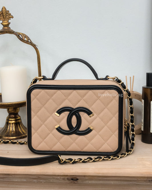 Chanel Filigree Vanity Case Medium | Beige x Black Caviar Brushed Gold Hardware-front