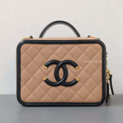 Chanel Filigree Vanity Case Medium | Beige x Black Caviar Brushed Gold Hardware-front1