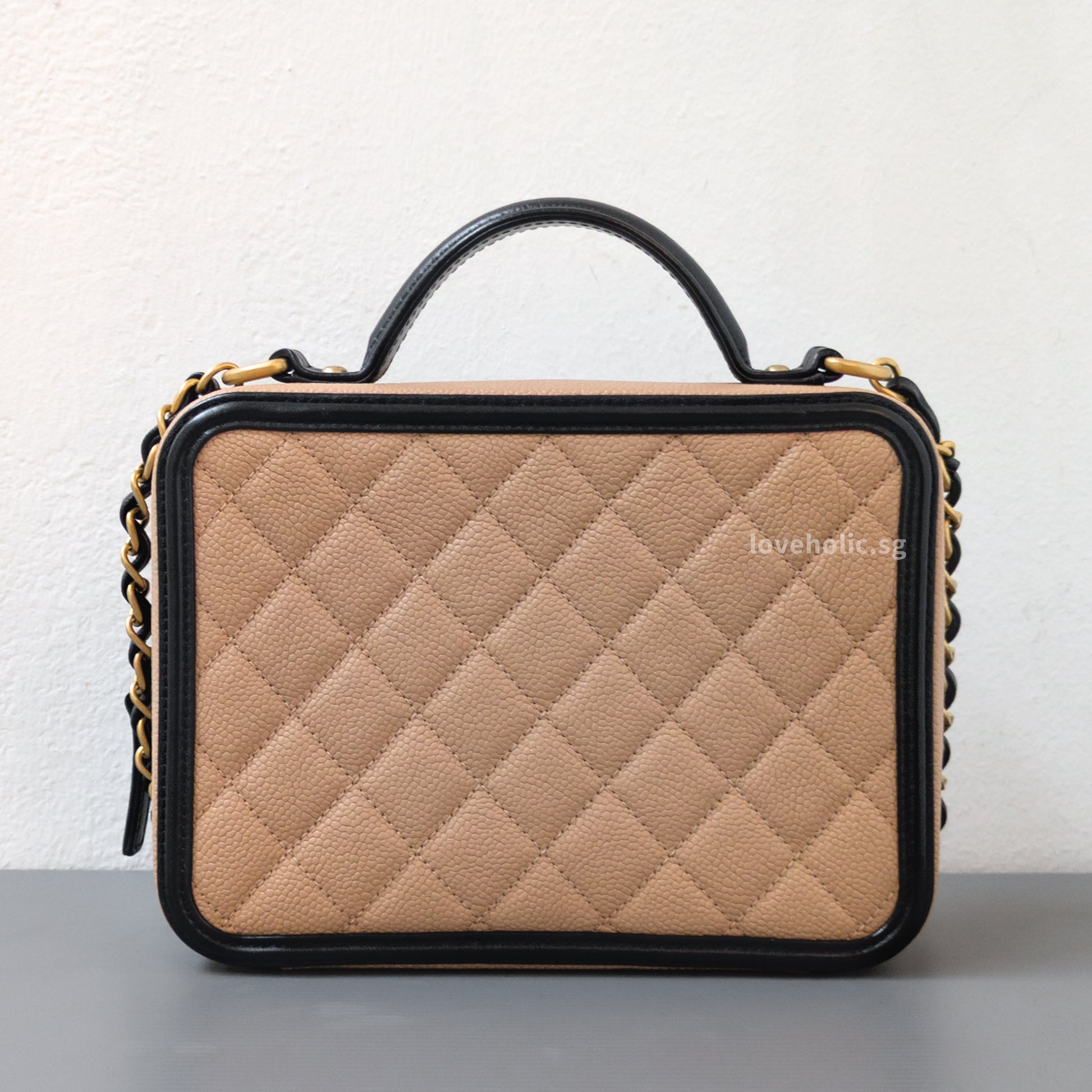 Chanel Filigree Vanity Case Medium | Beige x Black Caviar Brushed Gold Hardware-back