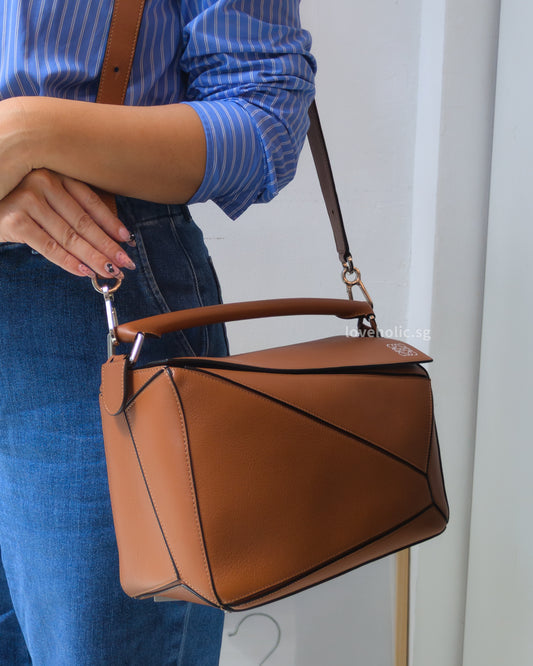 Loewe Puzzle Medium | Tan Calfskin Silver Hardware-model