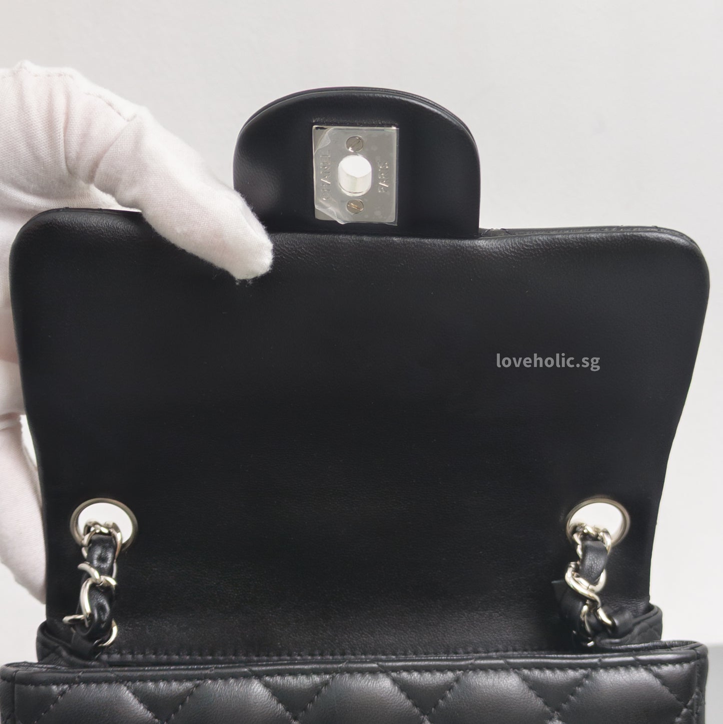 Chanel Classic Flap Mini Square | Black Lambskin Silver Hardware-details