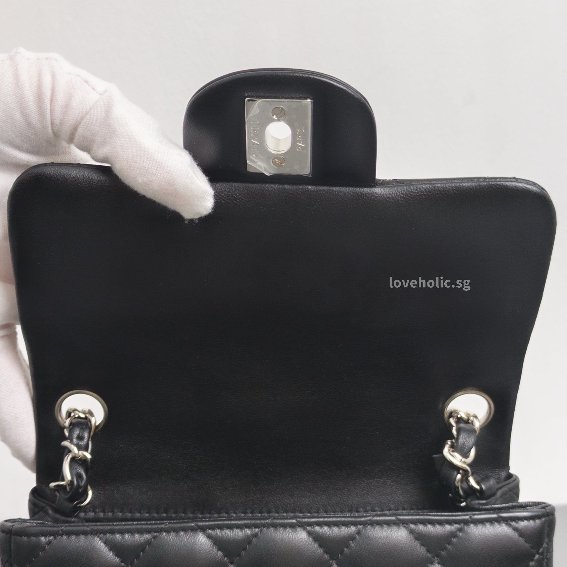 Chanel Classic Flap Mini Square | Black Lambskin Silver Hardware-details