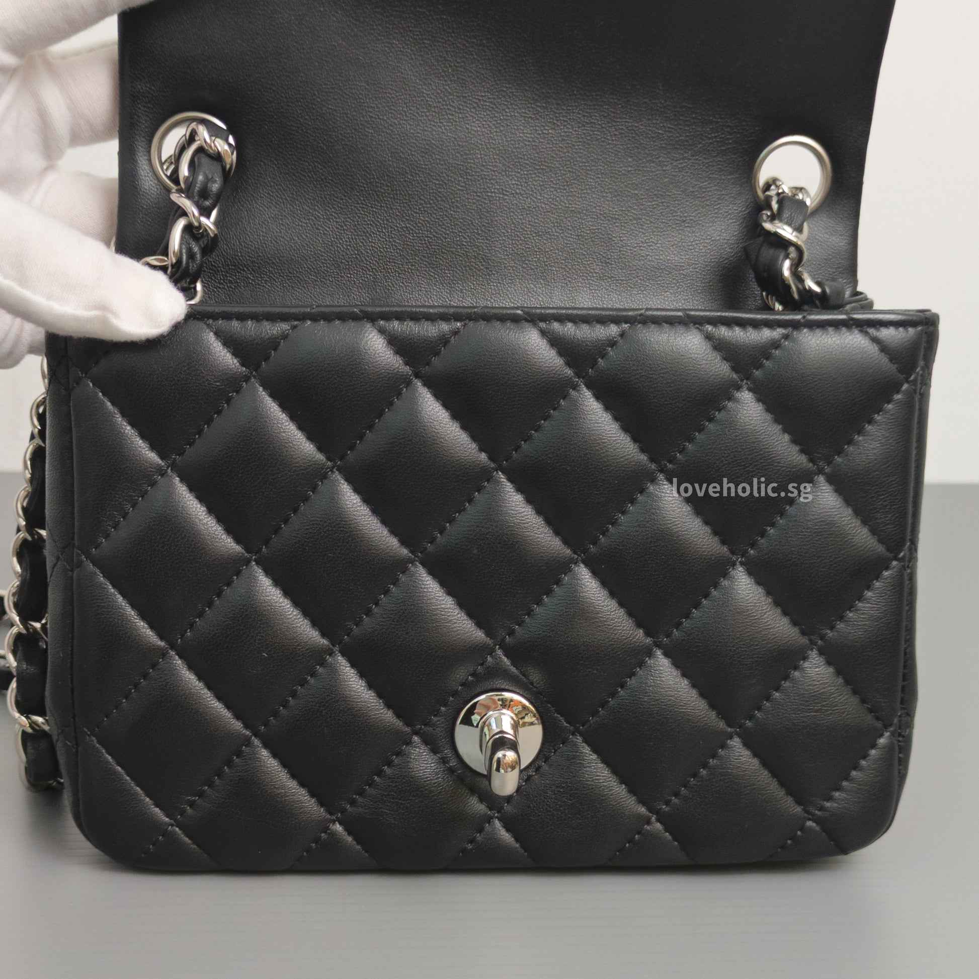 Chanel Classic Flap Mini Square | Black Lambskin Silver Hardware-details