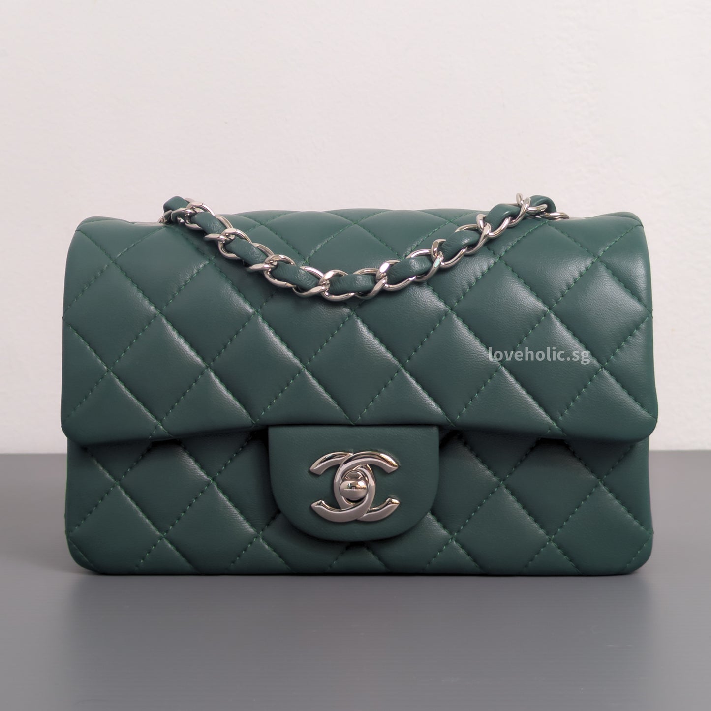 Mini Rectangle Forest Green Lambskin Silver Hardware