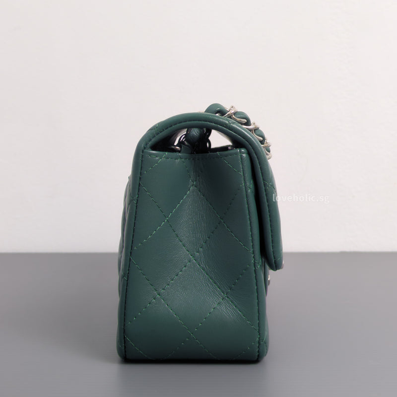 Mini Rectangle Forest Green Lambskin Silver Hardware