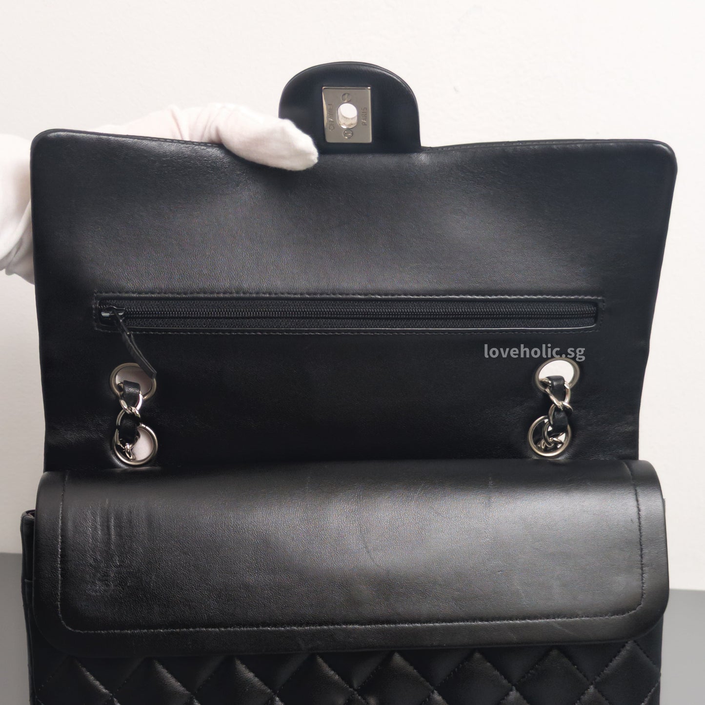Chanel Classic Flap Medium | Black Lambskin Silver Hardware-details