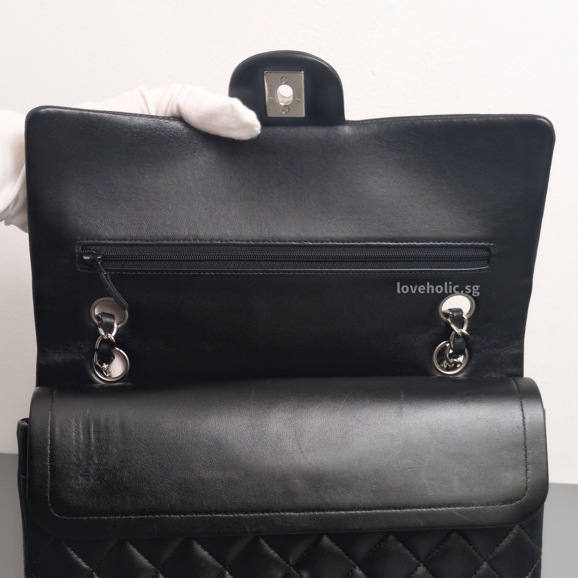 Chanel Classic Flap Medium | Black Lambskin Silver Hardware-details