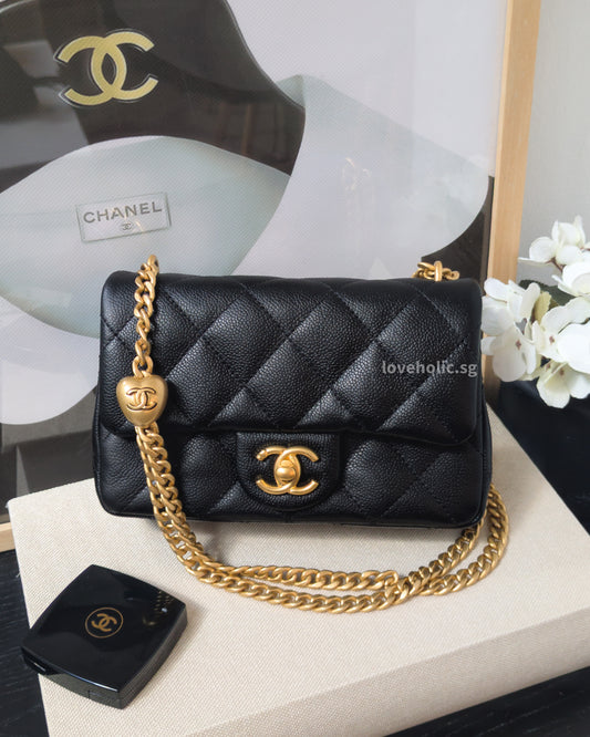 Square Flap Mini  23P Heart Crush | Black Caviar Brushed Gold Hardware