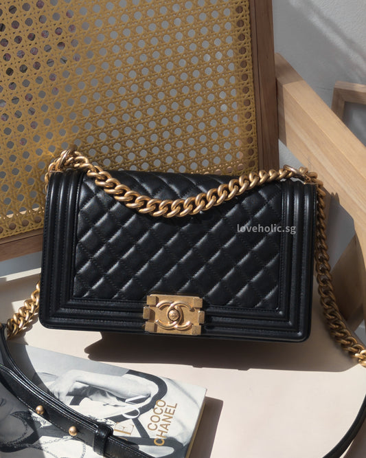 Boy Old Medium | Black Lambskin Brushed Gold Hardware