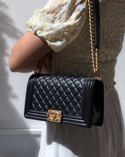 Boy Old Medium | Black Lambskin Brushed Gold Hardware