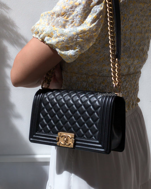 Boy Old Medium | Black Lambskin Brushed Gold Hardware