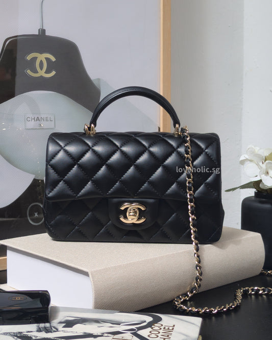 Mini Rectangle with Top Handle Black Lambskin Light Gold Hardware