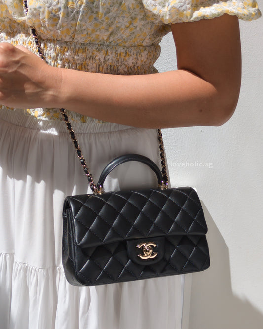 Mini Rectangle with Top Handle Black Lambskin Light Gold Hardware
