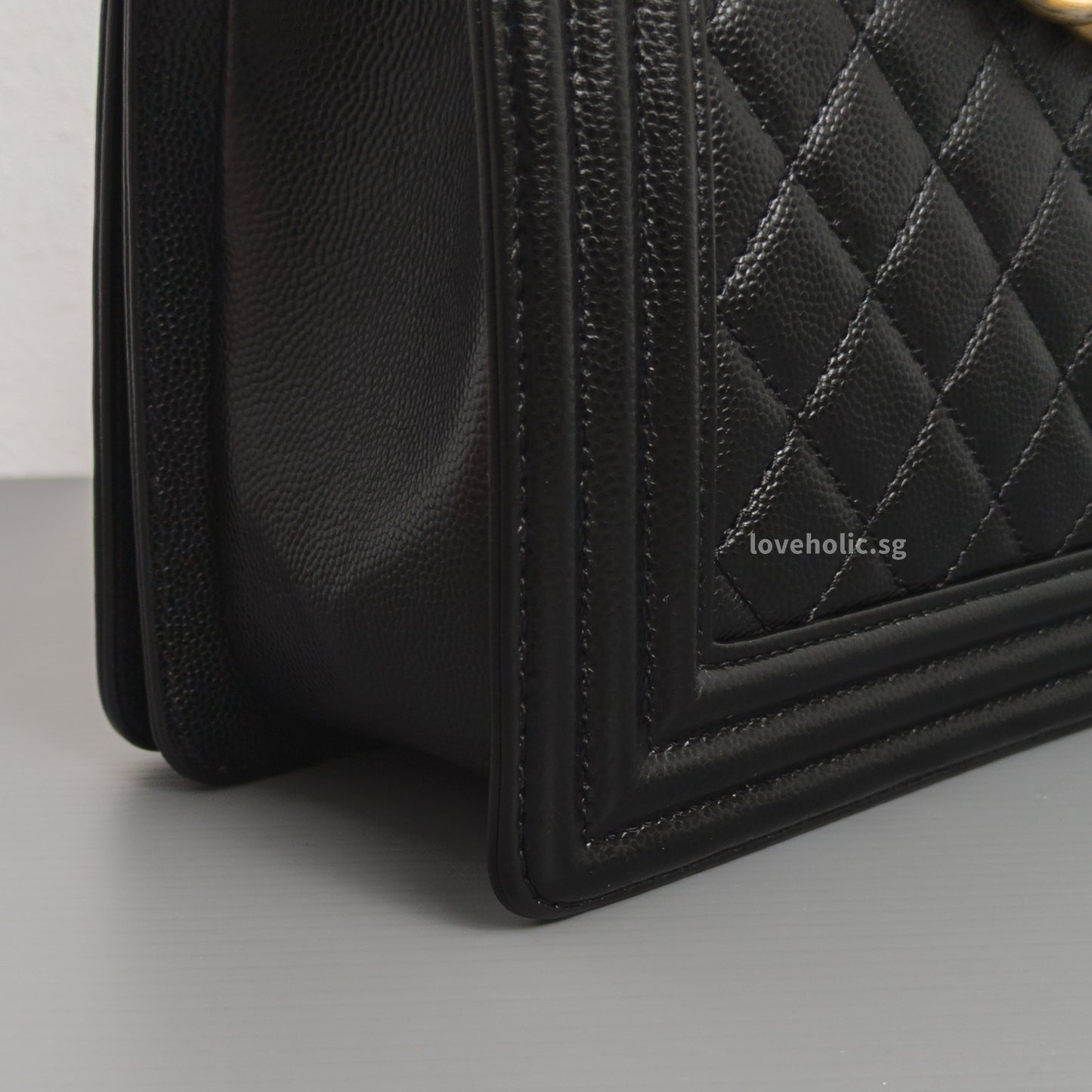 Chanel Boy Old Medium | Black Caviar Brushed Gold Hardware-details