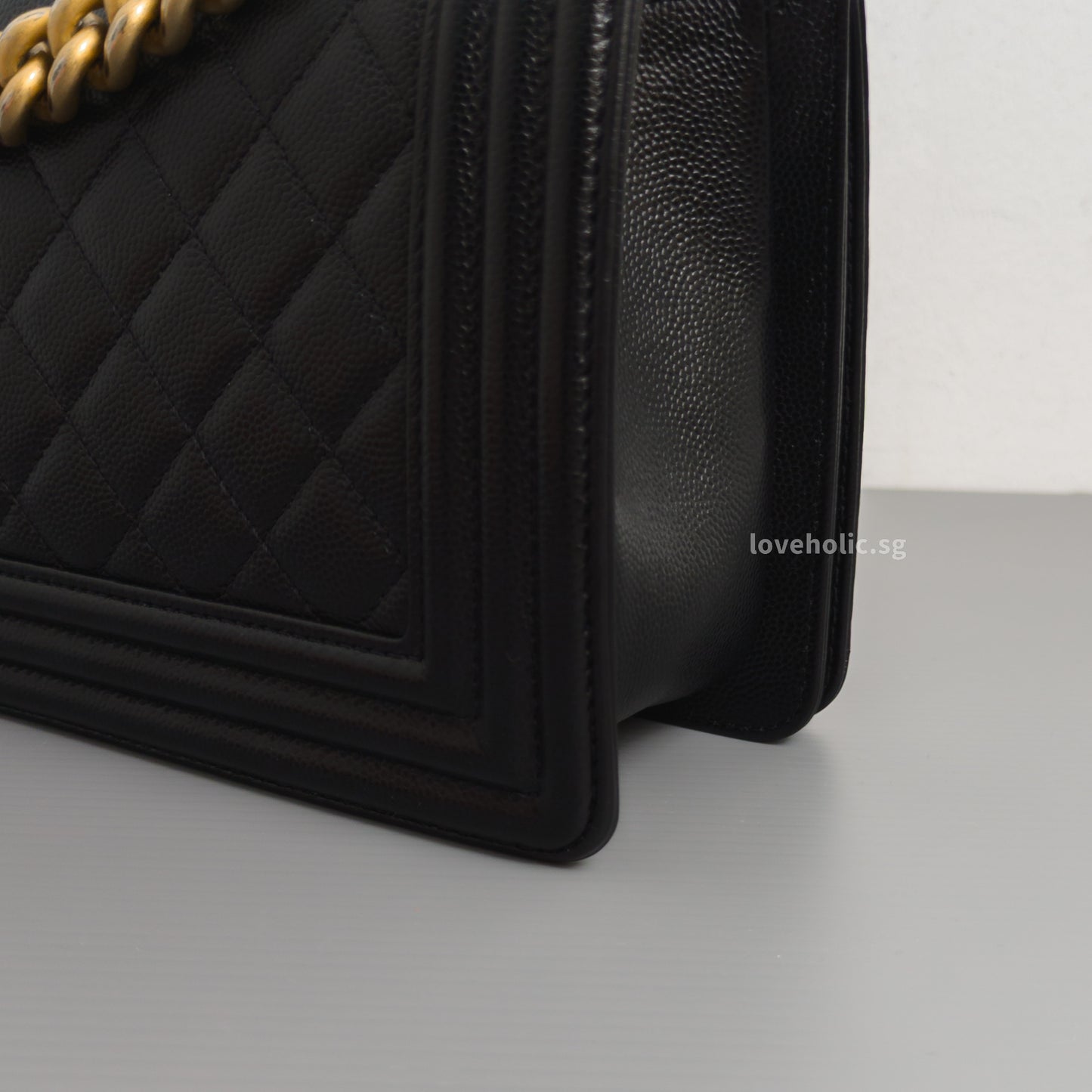 Chanel Boy Old Medium | Black Caviar Brushed Gold Hardware-details