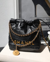 Chanel 22 Bag Mini | Black Shiny Calfskin Brushed Gold Hardware-front
