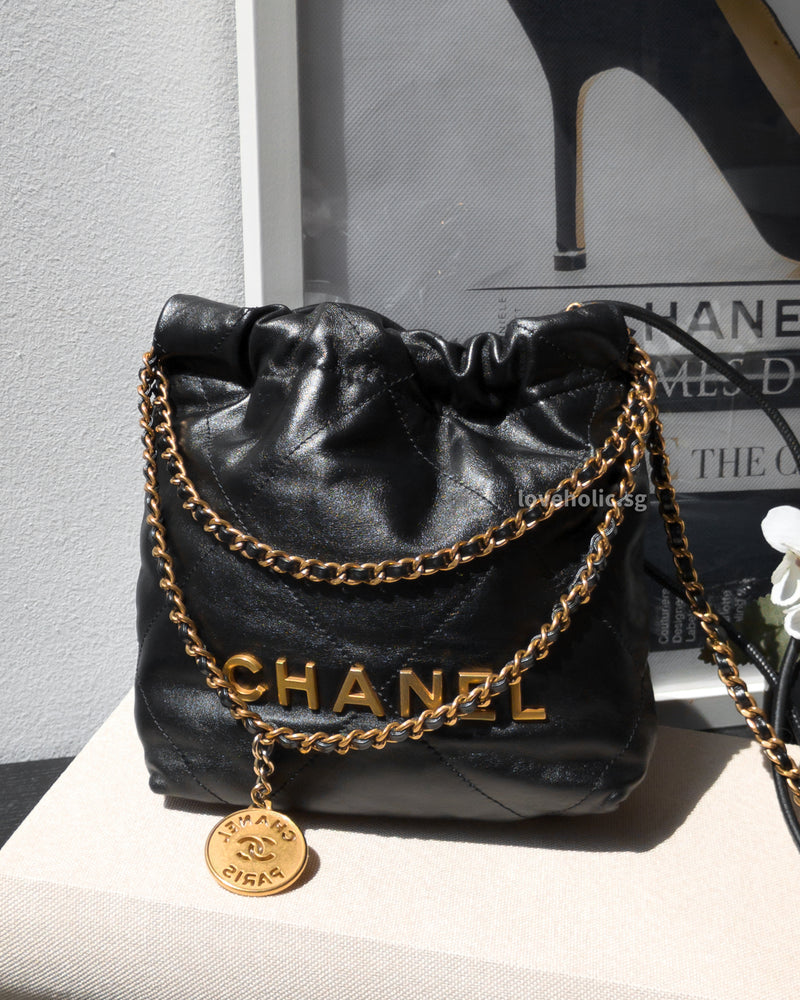 Chanel 22 Bag Mini | Black Shiny Calfskin Brushed Gold Hardware-front