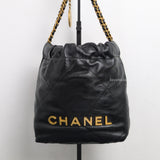 Chanel 22 Bag Mini | Black Shiny Calfskin Brushed Gold Hardware-front1